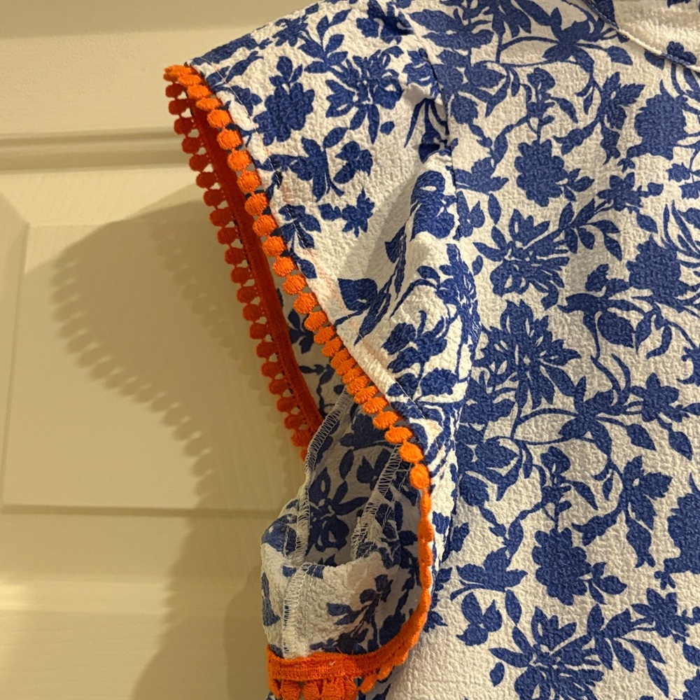 THML Blue and White Floral Ruffle Sleeve Blouse with Orange Trim - Picture 3 of 7